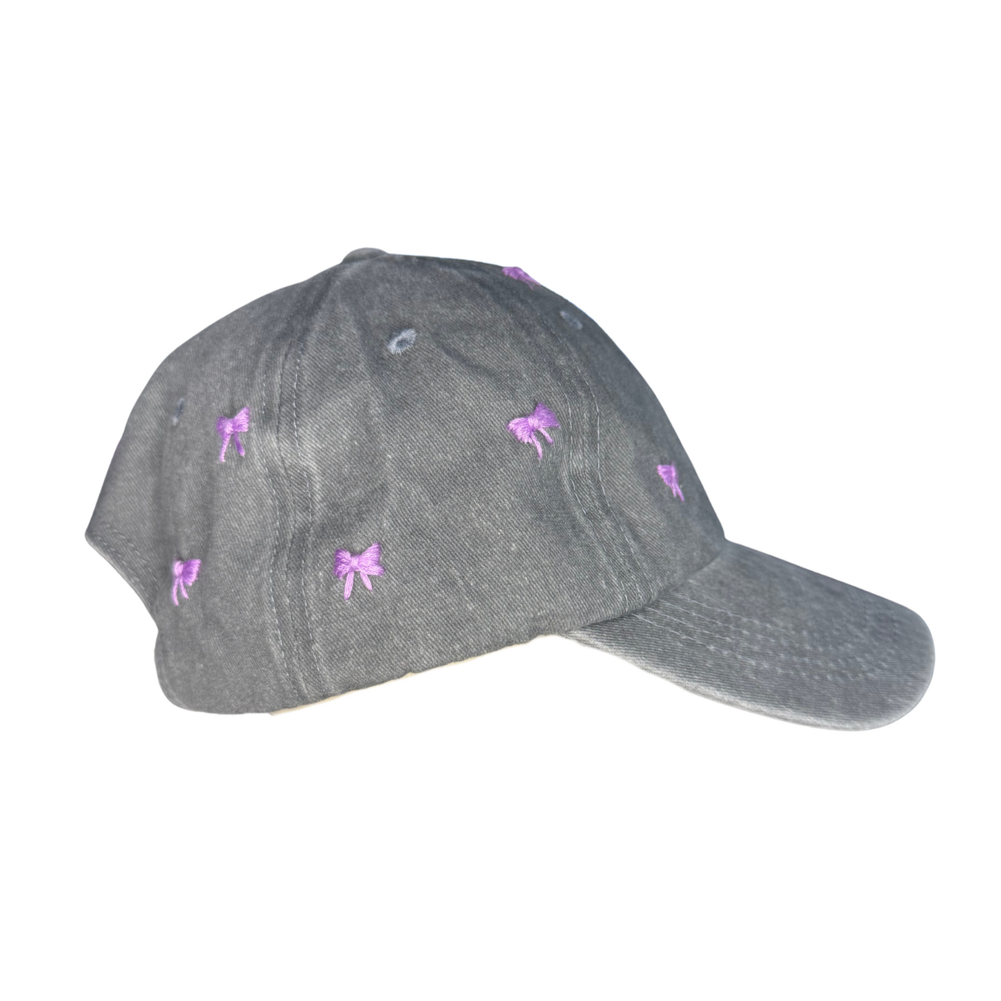 Gray cap with pink bows on a white background