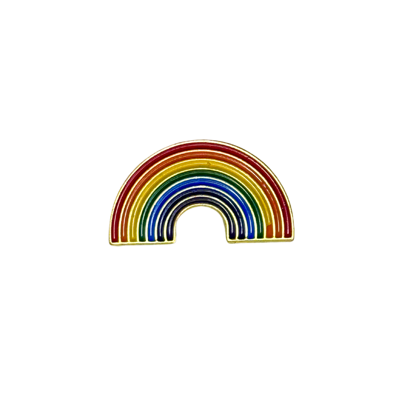 Rainbow enamel pin on white background showing full color details