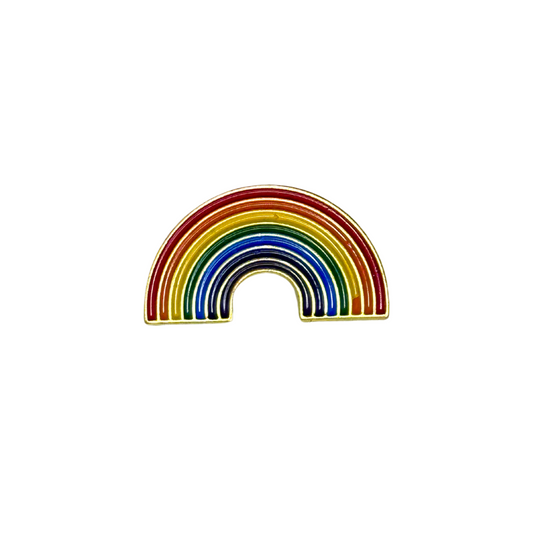 Rainbow enamel pin on white background showing full color details