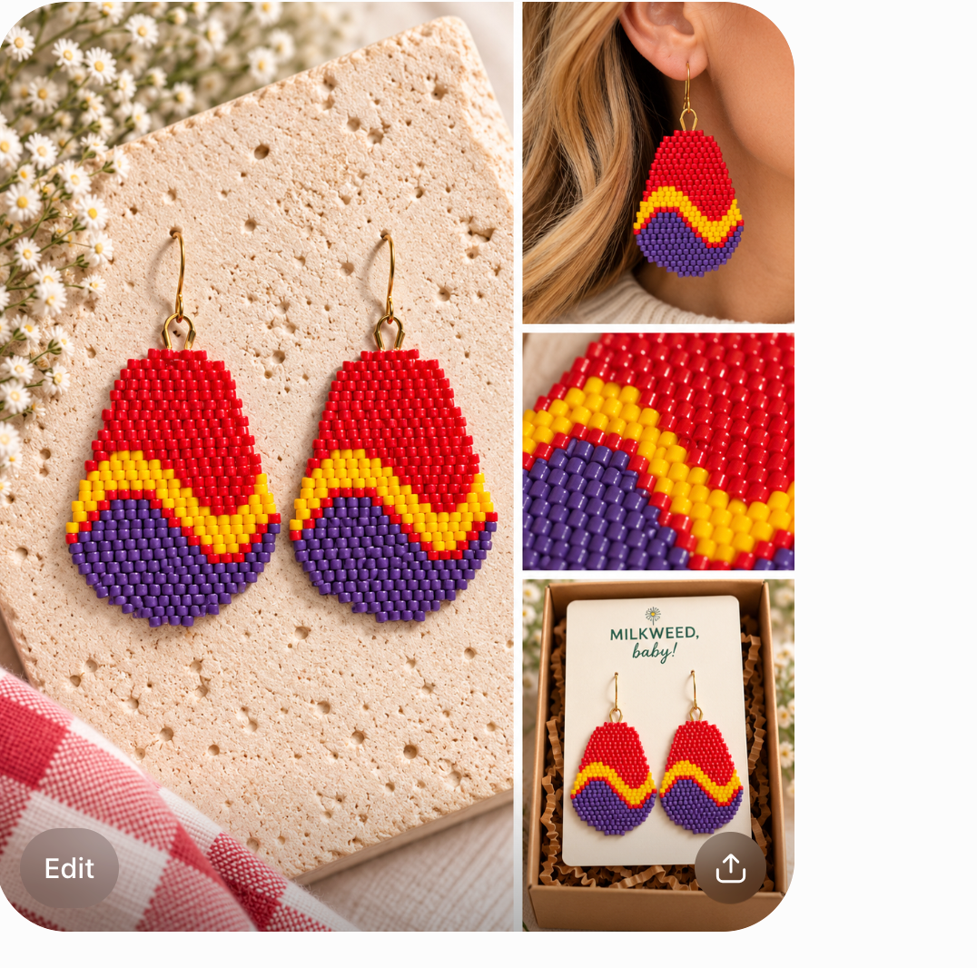Red, yellow and purple hand-beaded wave earrings shown flat, worn, close up and on a Milkweed baby card