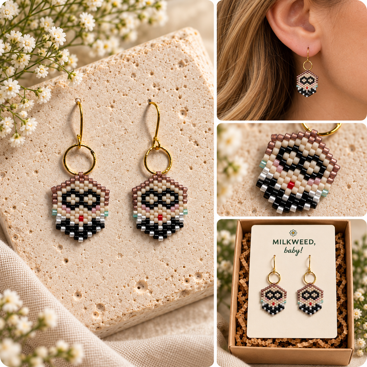 Tiny hand-beaded Ruth Bader Ginsburg portrait earrings shown flat, worn, close up and on a Milkweed baby card