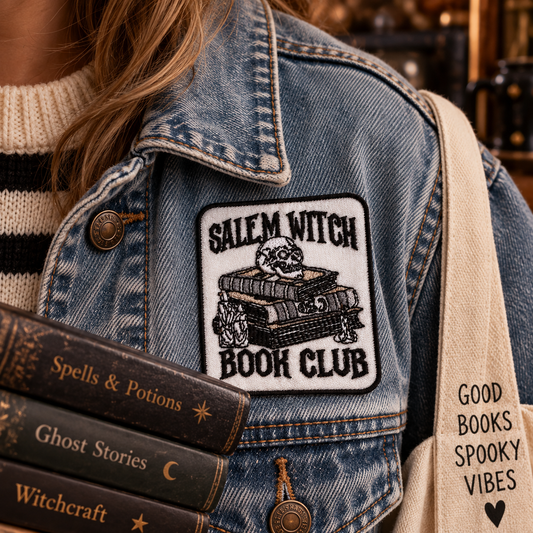 Salem Witch Book Club embroidered patch worn on a denim jacket