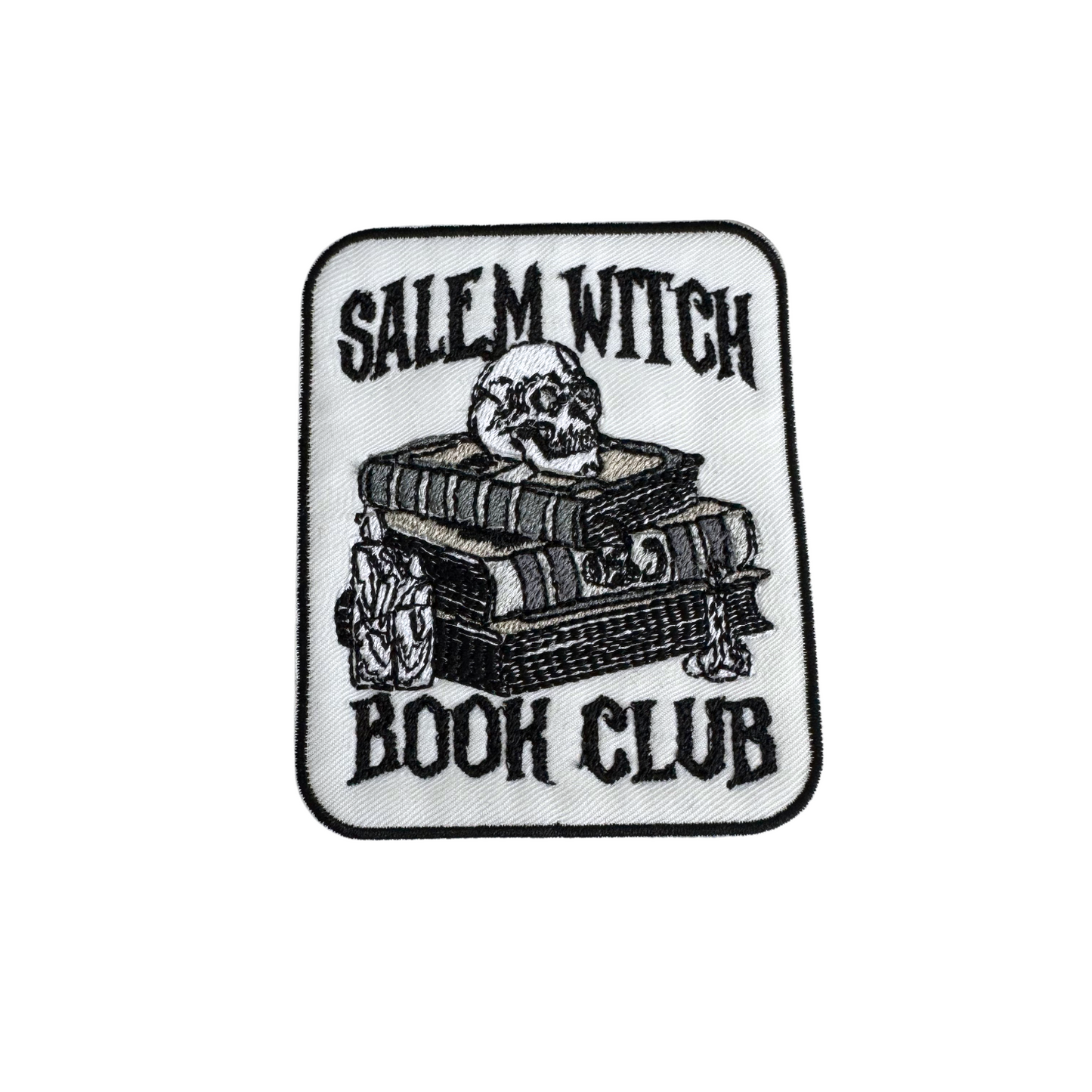 Handmade "Salem Witch Book Club" embroidered patch featuring books, a skull, and gothic text on a white background.