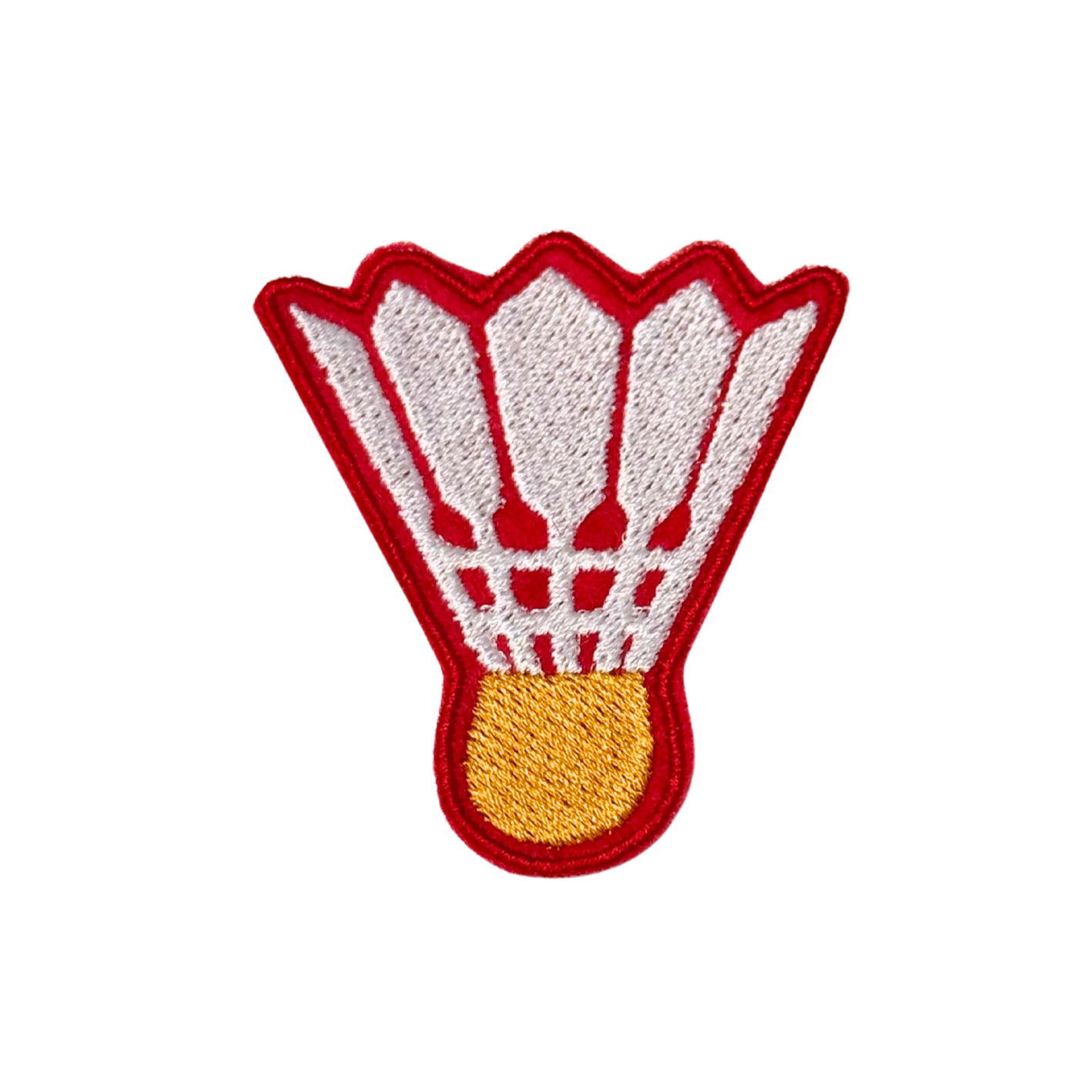 Embroidered shuttlecock patch in red, white, and yellow on white background