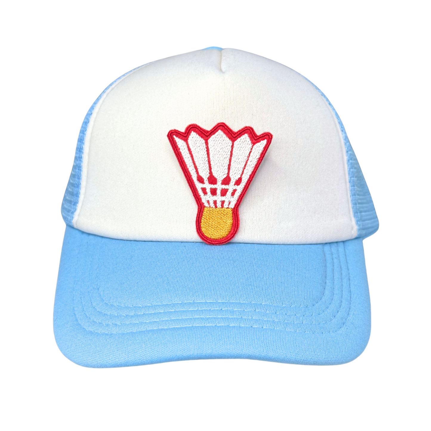 Trucker hat with shuttlecock patch centered on front panel, blue and white mesh cap