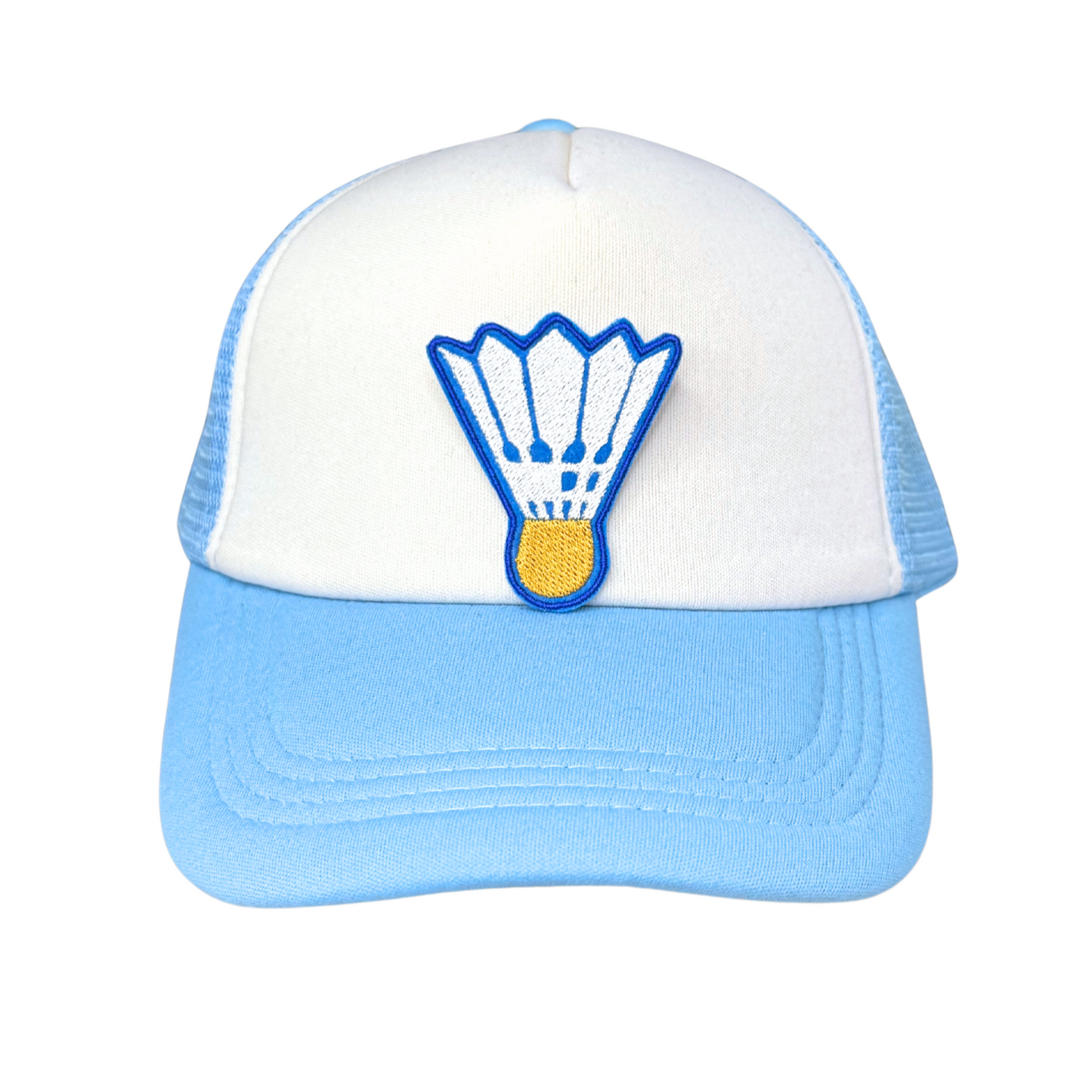 Blue and white mesh trucker hat with blue-bordered shuttlecock patch on the front panel