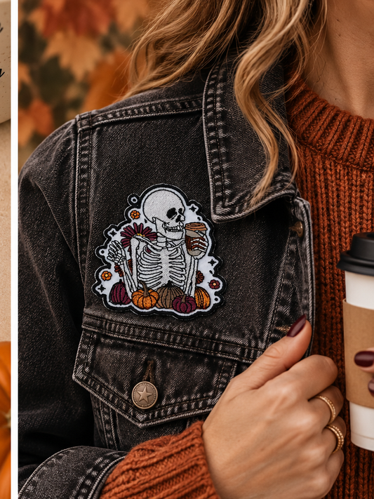 Skeleton Fall Vibes embroidered patch worn on a black denim jacket with autumn styling