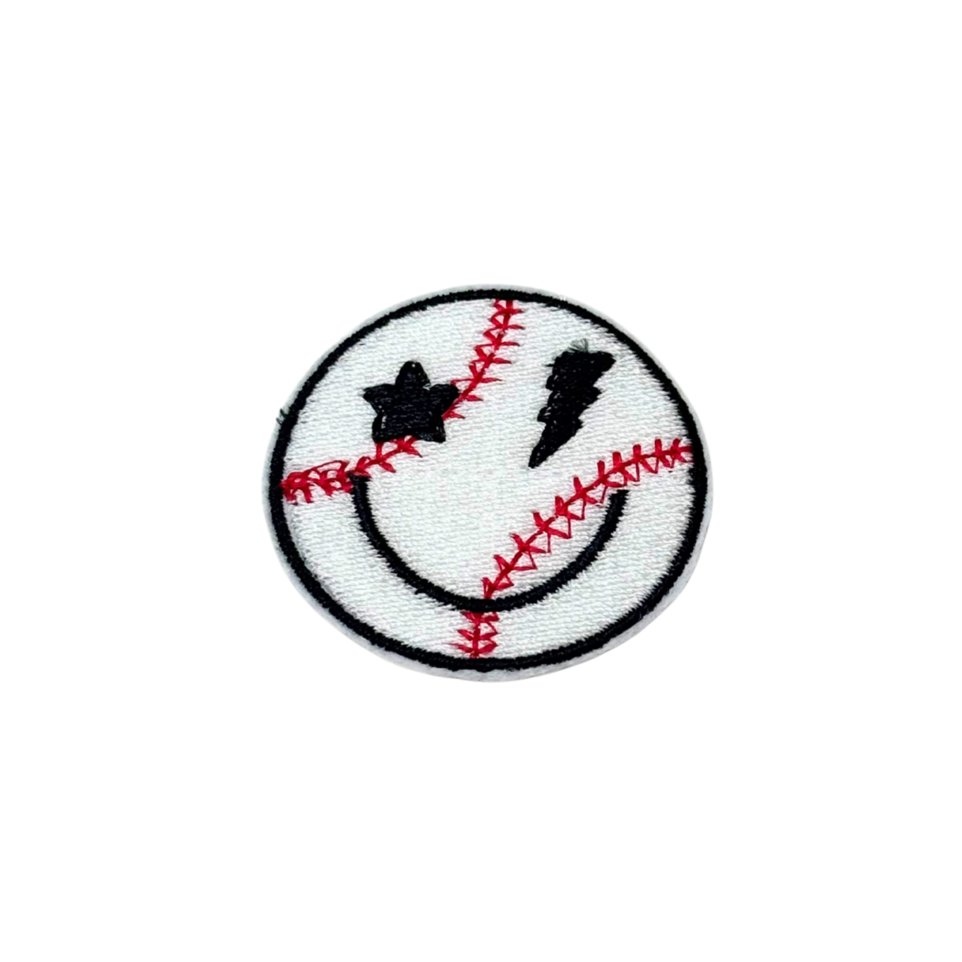 White embroidered patch shaped like a baseball with red stitching, a curved smile, and one eye as a star and the other as a lightning bolt