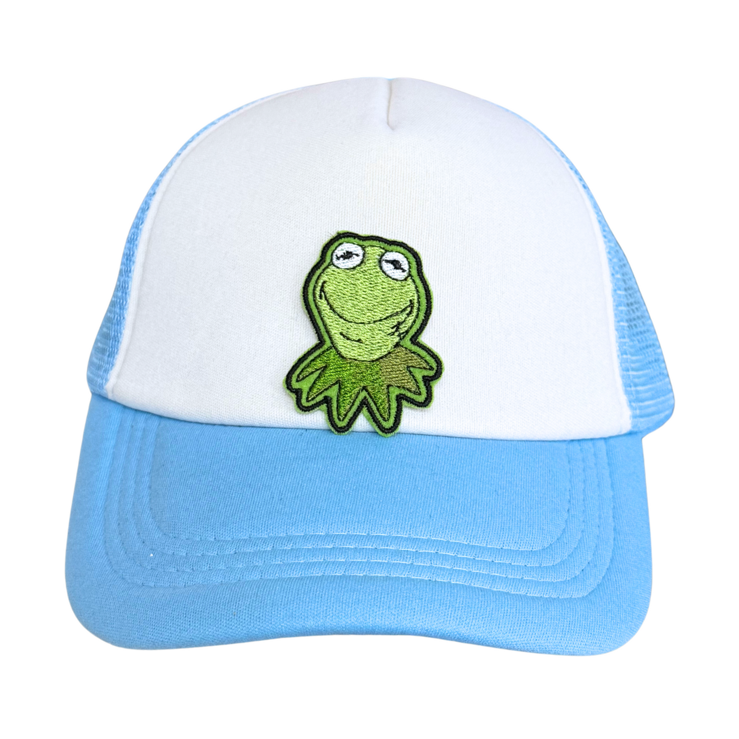 Light blue and white trucker hat with an embroidered frog patch attached.