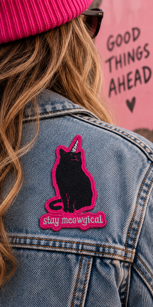 Stay Meowgical black cat embroidered patch worn on a denim jacket