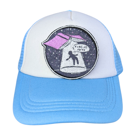 "Take Me Away" embroidered patch attached to a light blue and white trucker hat.