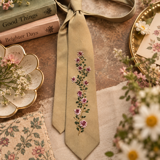 Hand-embroidered tan floral linen necktie styled product photo