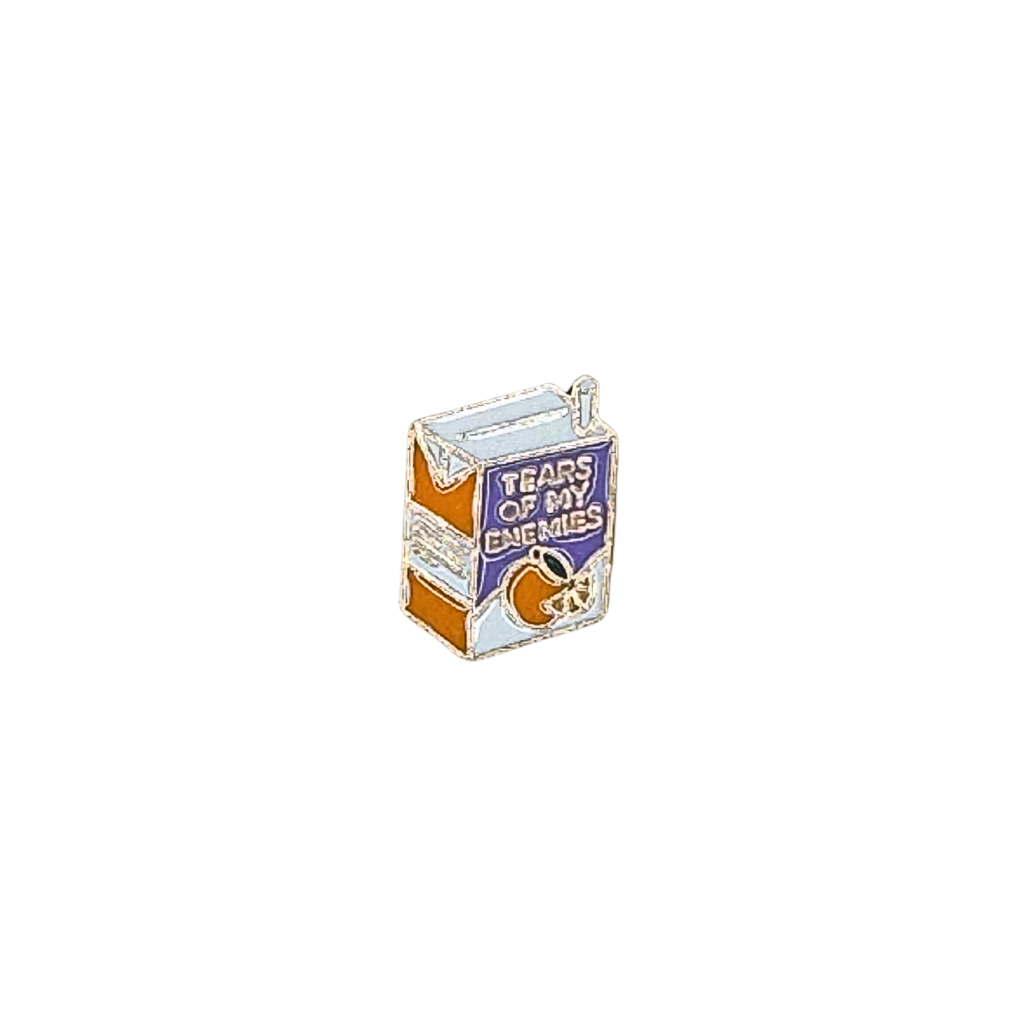 Hero image of "Tears of My Enemies" enamel pin shaped like a juice box