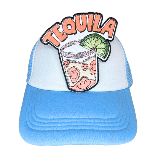 Tequila cocktail patch ironed onto a white and blue trucker hat