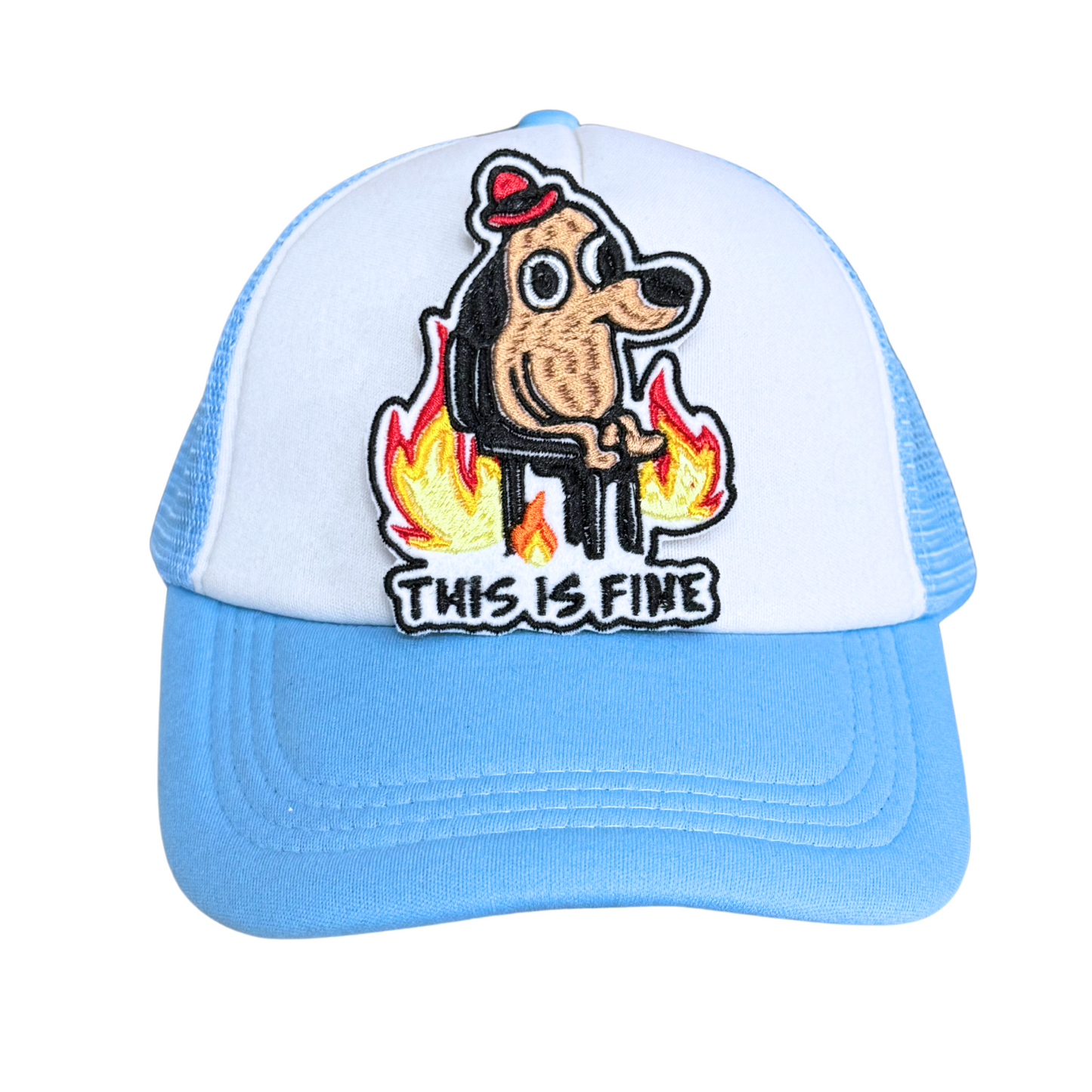 Light blue and white trucker hat with embroidered "This Is Fine" meme patch attached.