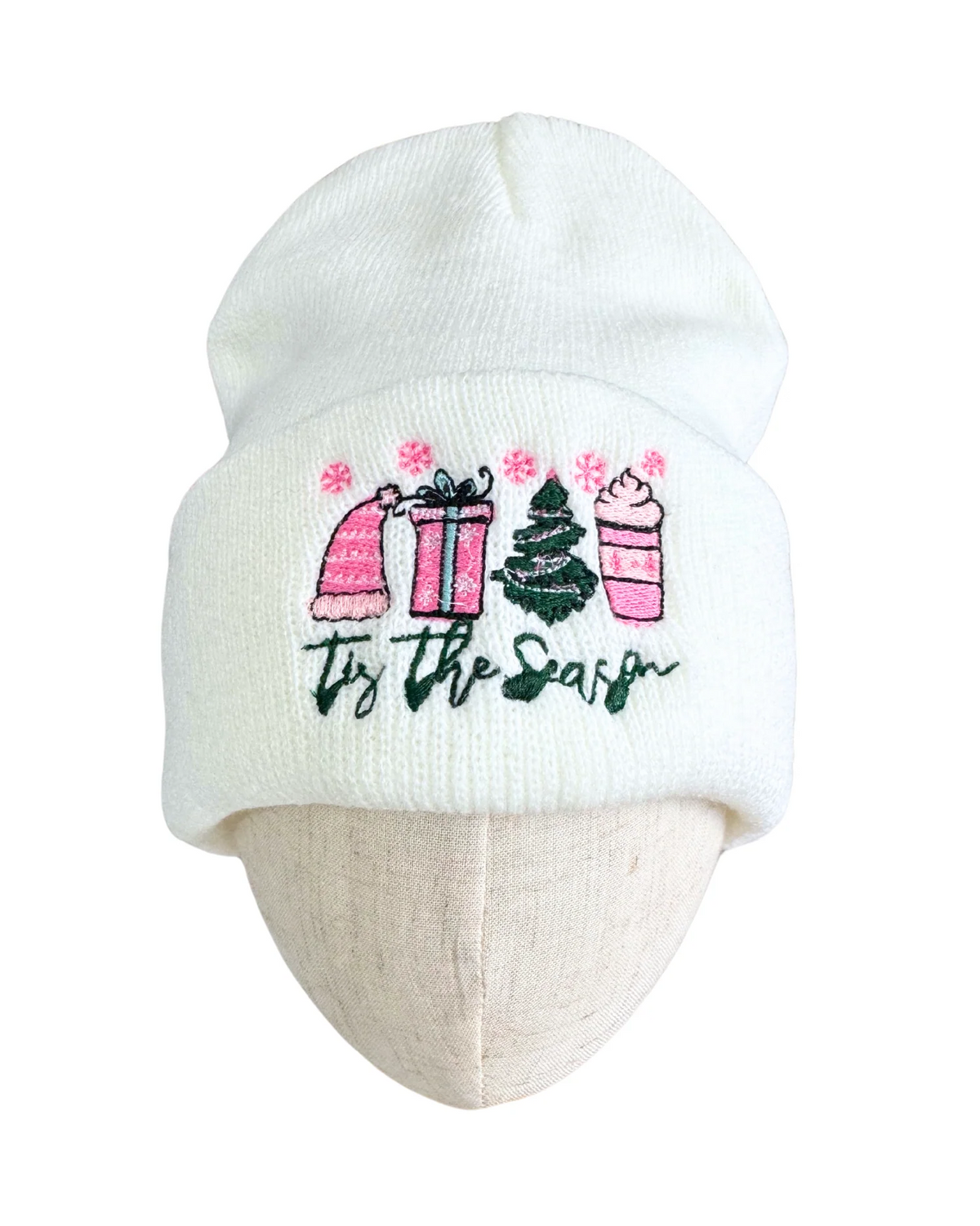 Original product photo of white beanie with pink and green Tis the Season embroidery