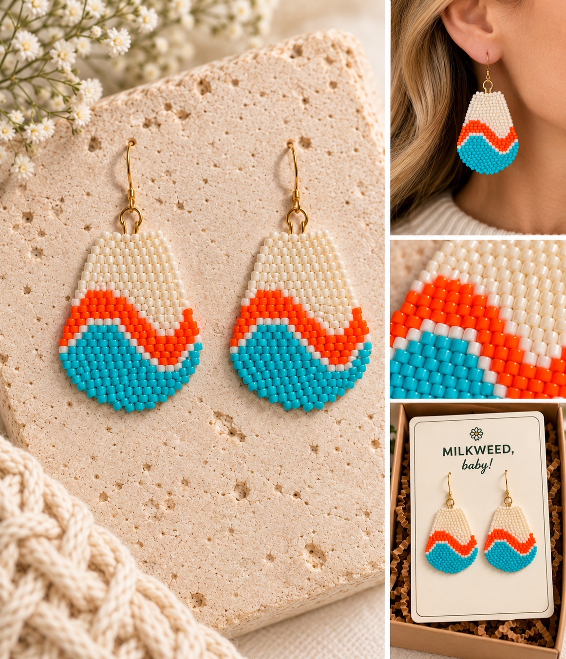 Hand-beaded turquoise, orange and ivory wave earrings shown flat, worn, close up and on a Milkweed baby display card