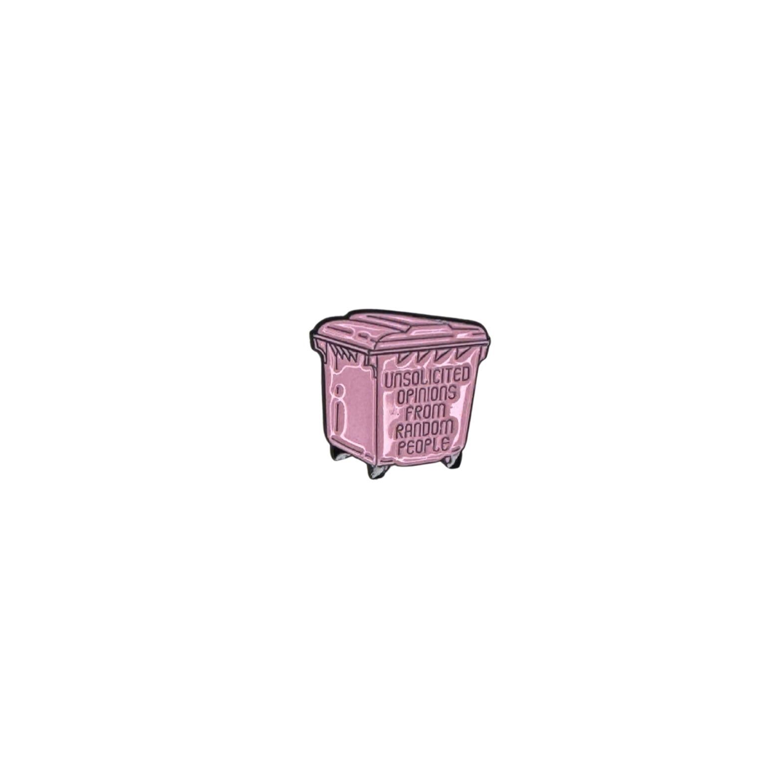 Close-up of the pink dumpster enamel pin on a white background