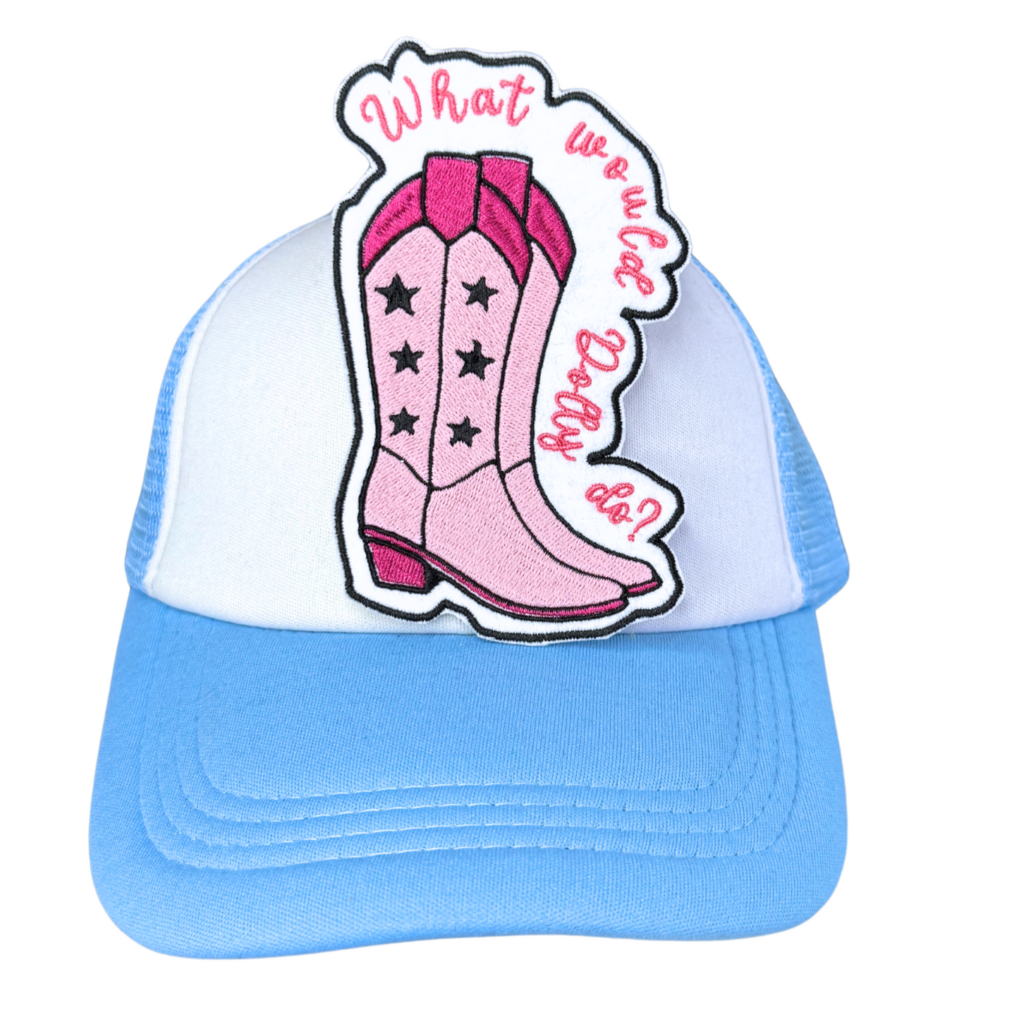 "What Would Dolly Do?" embroidered patch attached to a light blue and white trucker hat.
