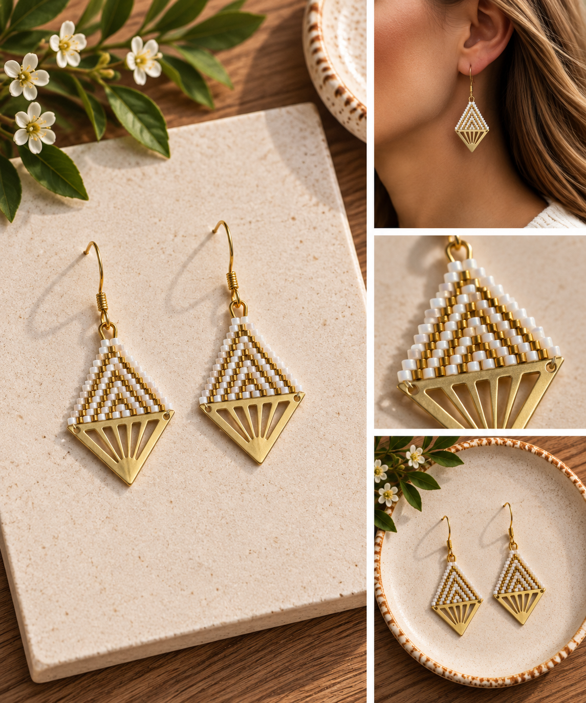 White and metallic gold hand-beaded geometric triangle earrings with gold-tone fan charms
