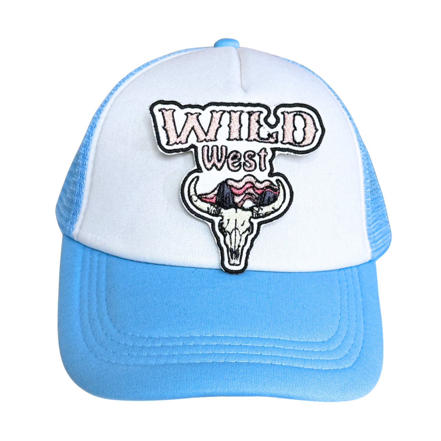 Light blue and white trucker hat with an embroidered Wild West cow skull patch attached.