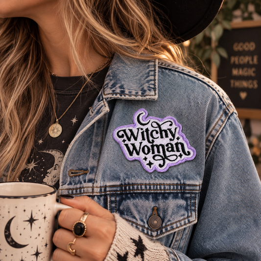 Witchy Woman embroidered patch worn on a denim jacket