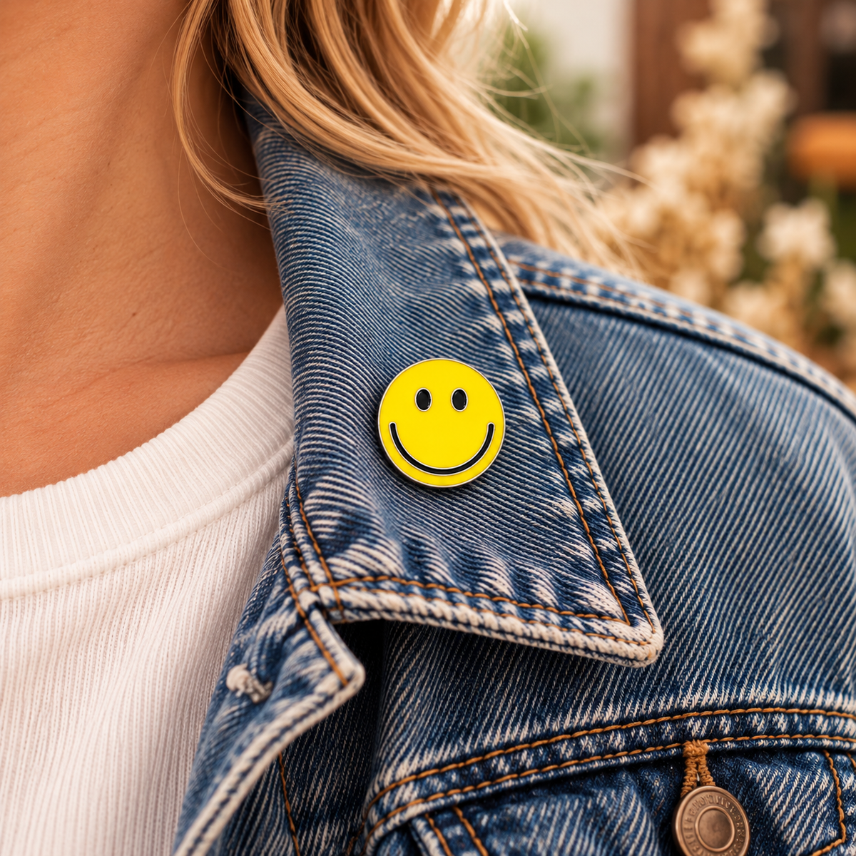 One-inch yellow smiley face enamel pin worn on the collar of a blue denim jacket