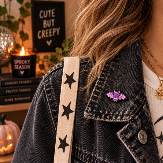 You Suck vampire bat enamel pin worn at realistic scale on a charcoal denim jacket