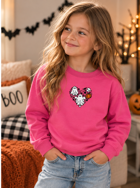 Youth pink Halloween heart sweatshirt styled on a child