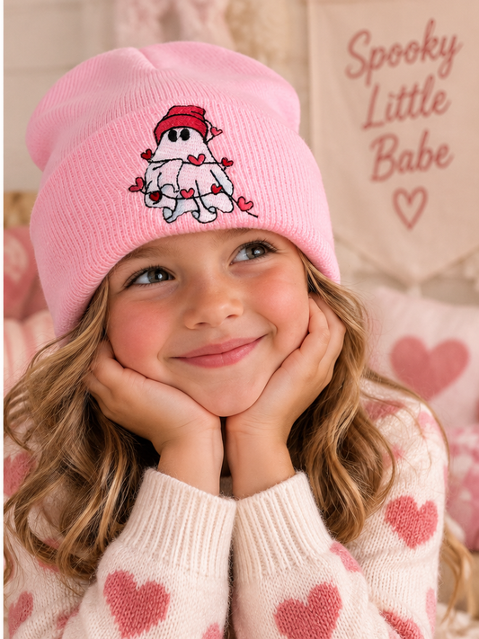 Child wearing youth pink embroidered ghost Halloween beanie