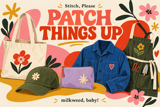 Patch Things Up — retro illustration of a patched tote, cap, pouch, jacket and apron.