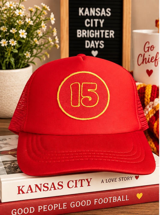 15 red Kansas City trucker hat styled product photo