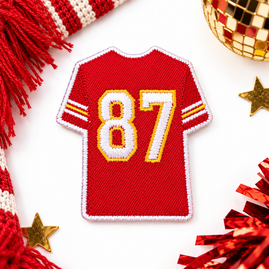 87 jersey iron-on patch in Chiefs colors styled product photo