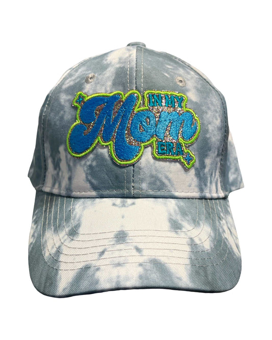 Slate Blue Tie Dye Baseball Hat with 'In My Mom Era' glitter patch.