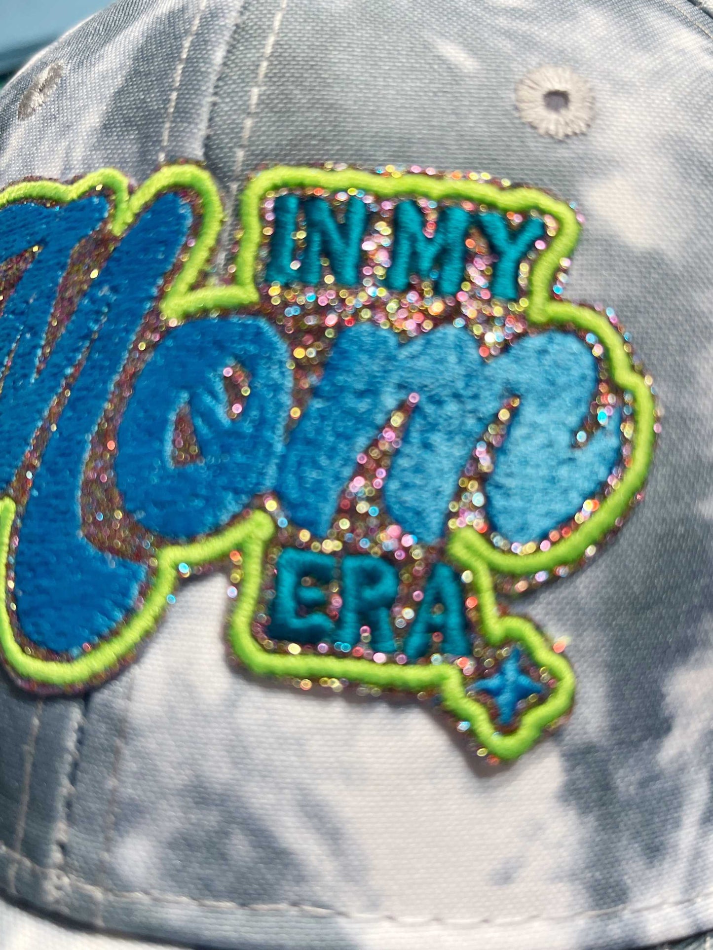 Slate Blue Tie Dye Baseball Hat with Glitter 'In My Mom Era' Patch