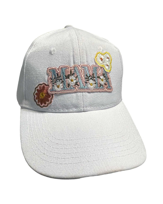 White baseball hat with 'Mama' embroidery and flower patches.