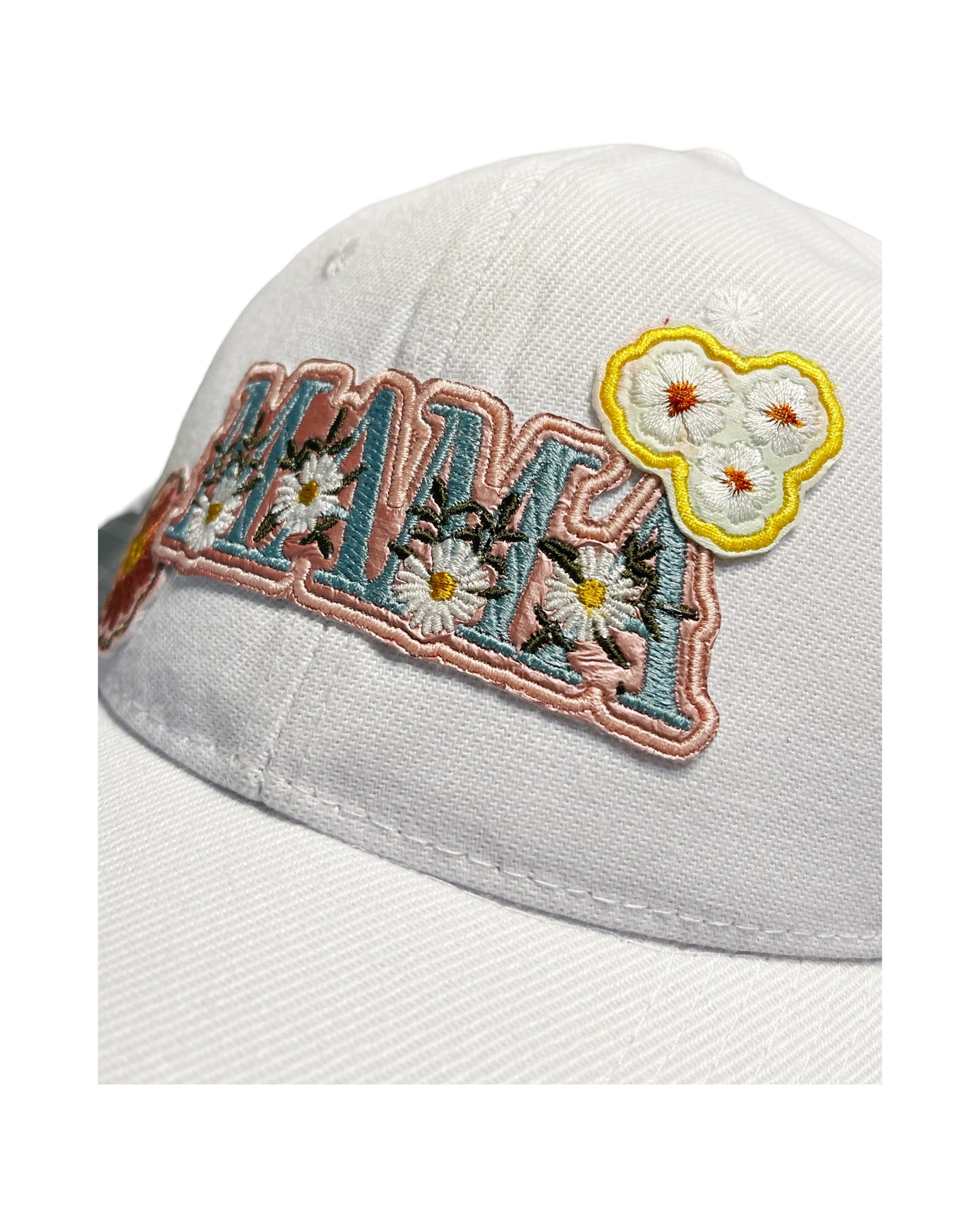 "White Baseball Hat with Embroidered 'Mama' and Flower Patches"