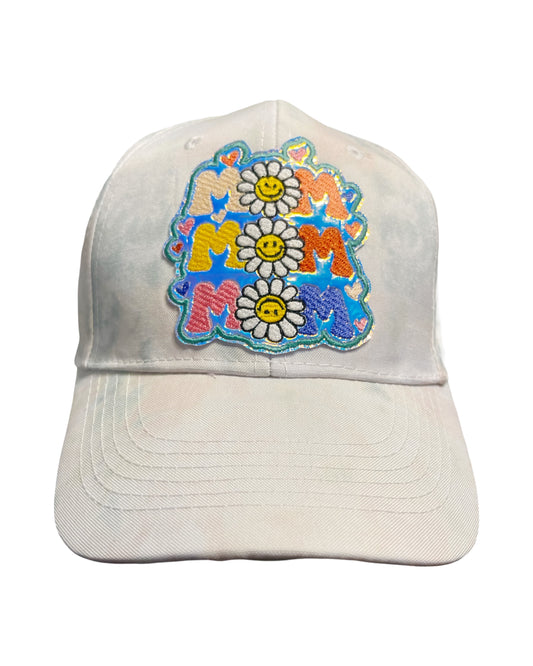 Pastel Green & White Tie Dye Baseball Hat with Holographic Hippie 'Mom' Smiling Daisies Patch
