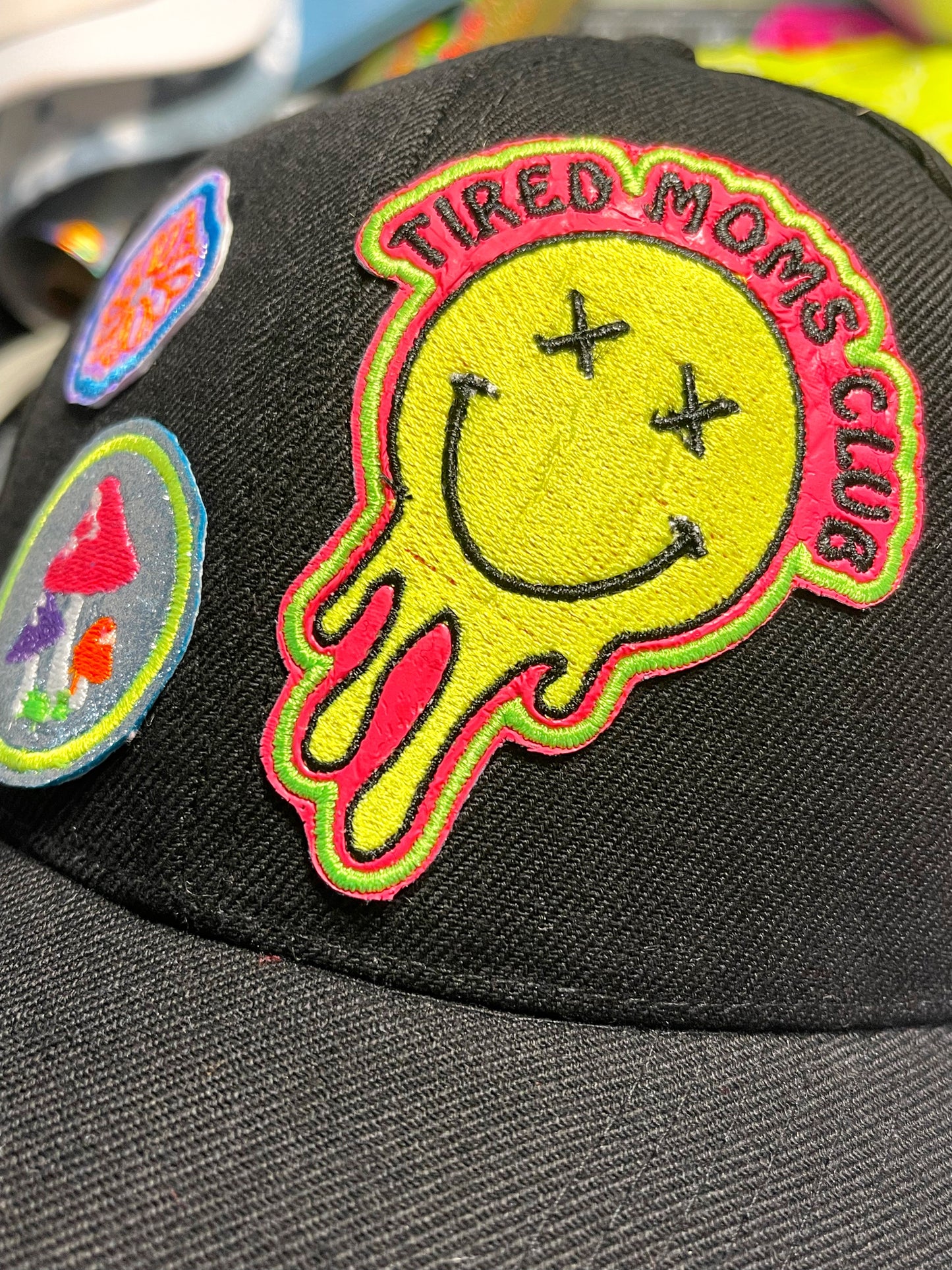 Black Baseball Hat with 'Tired Moms Club' Neon Patches: Holographic Flower & Glittery Neon Mushrooms