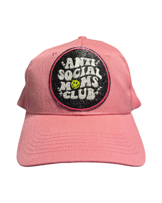 Pink Baseball Hat with 'Anti-Social Moms Club' Glitter Patch