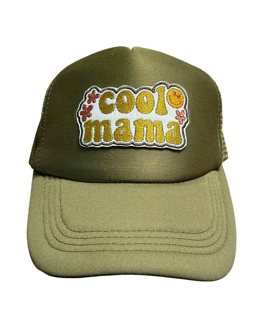 Army green trucker hat with 'Cool Mama' patch, retro smiley, and flowers.