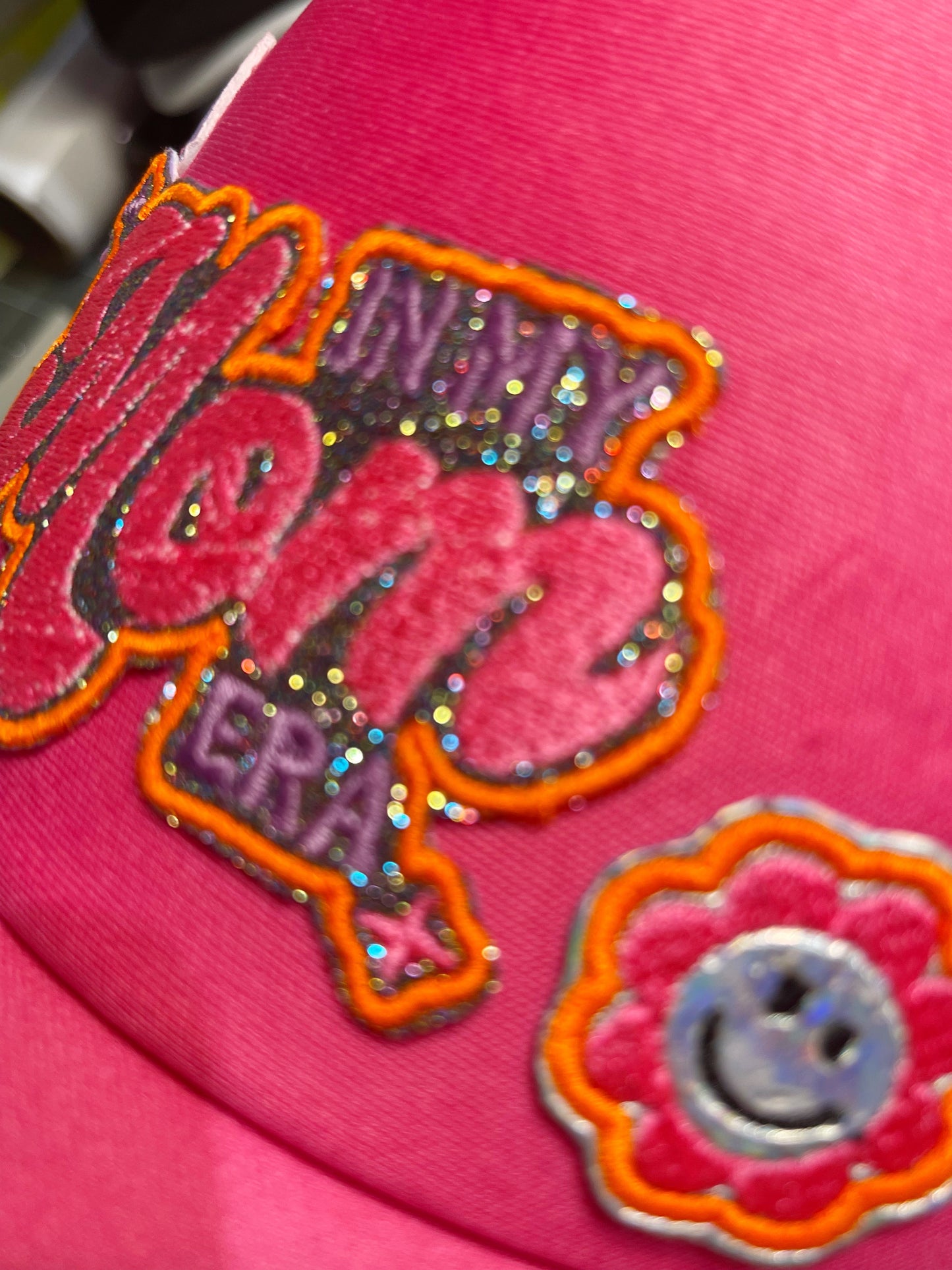 Hot Pink Trucker Hat with 'In My Mom Era' Patch & Holographic Flower Accents