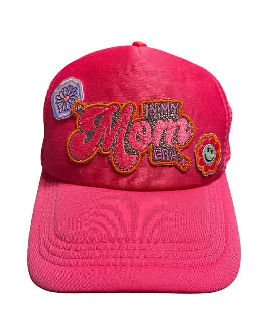 Hot Pink Trucker Hat with 'In My Mom Era' Patch & Holographic Flower Accents