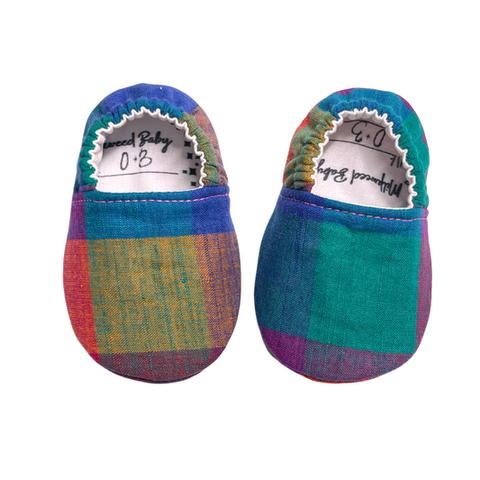 Handcrafted Madras Plaid Soft Sole Baby Shoes, Kansas City Made, Promotes Foot Development