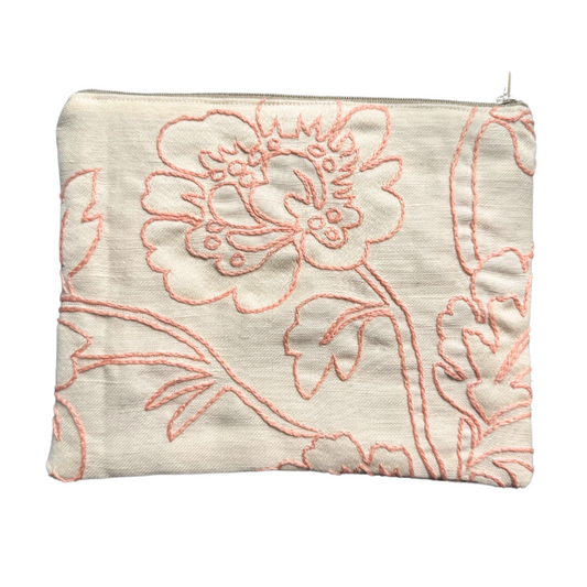 Back side of embroidered clutch with pink floral design