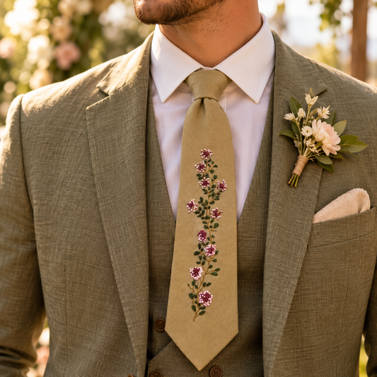 Hand-Embroidered Tan Floral Linen Necktie