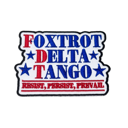 Embroidered red, white, and blue Foxtrot Delta Tango patch on white background
