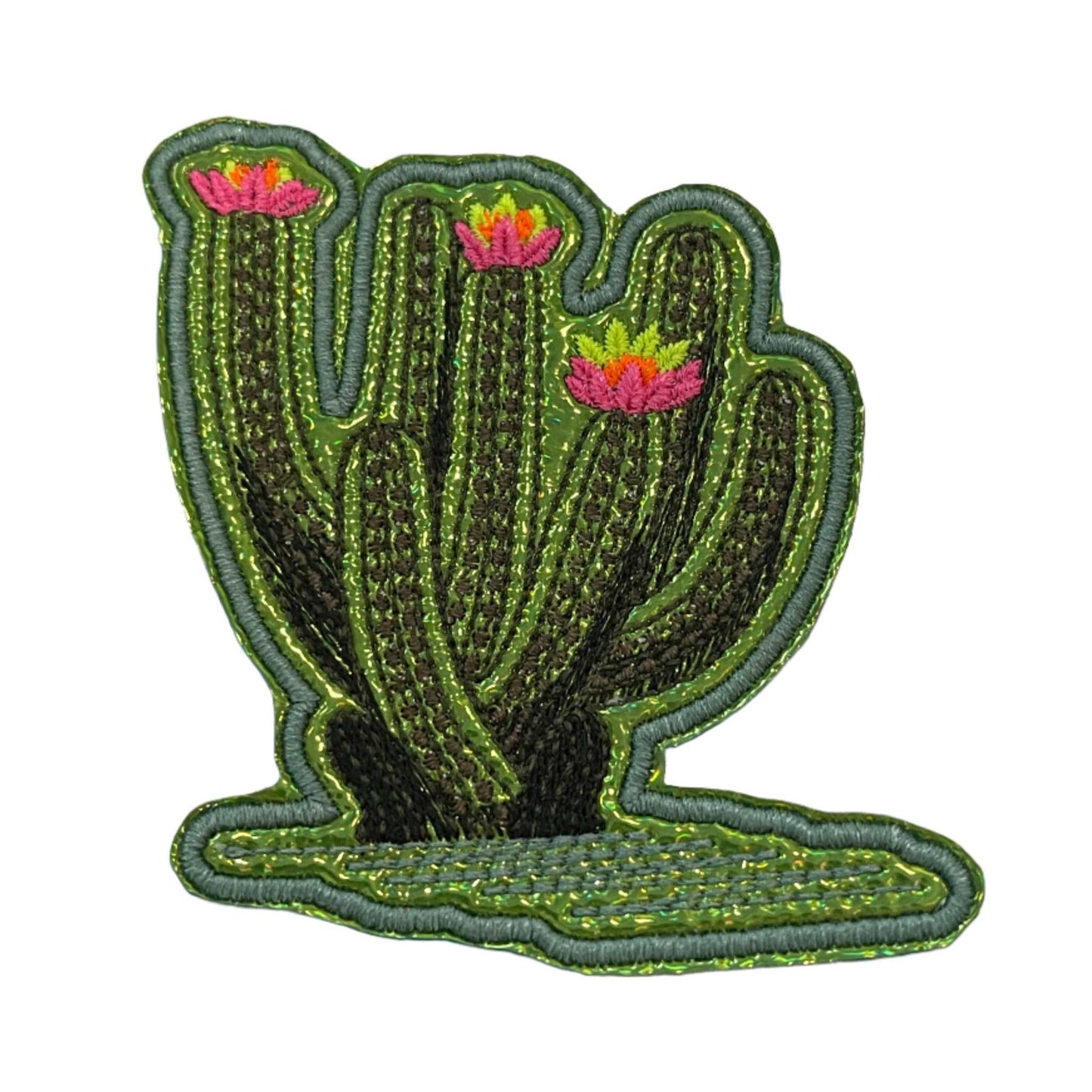 Handmade large leggy cactus iron-on patch with neon yellow, neon orange, and neon pink flowers.