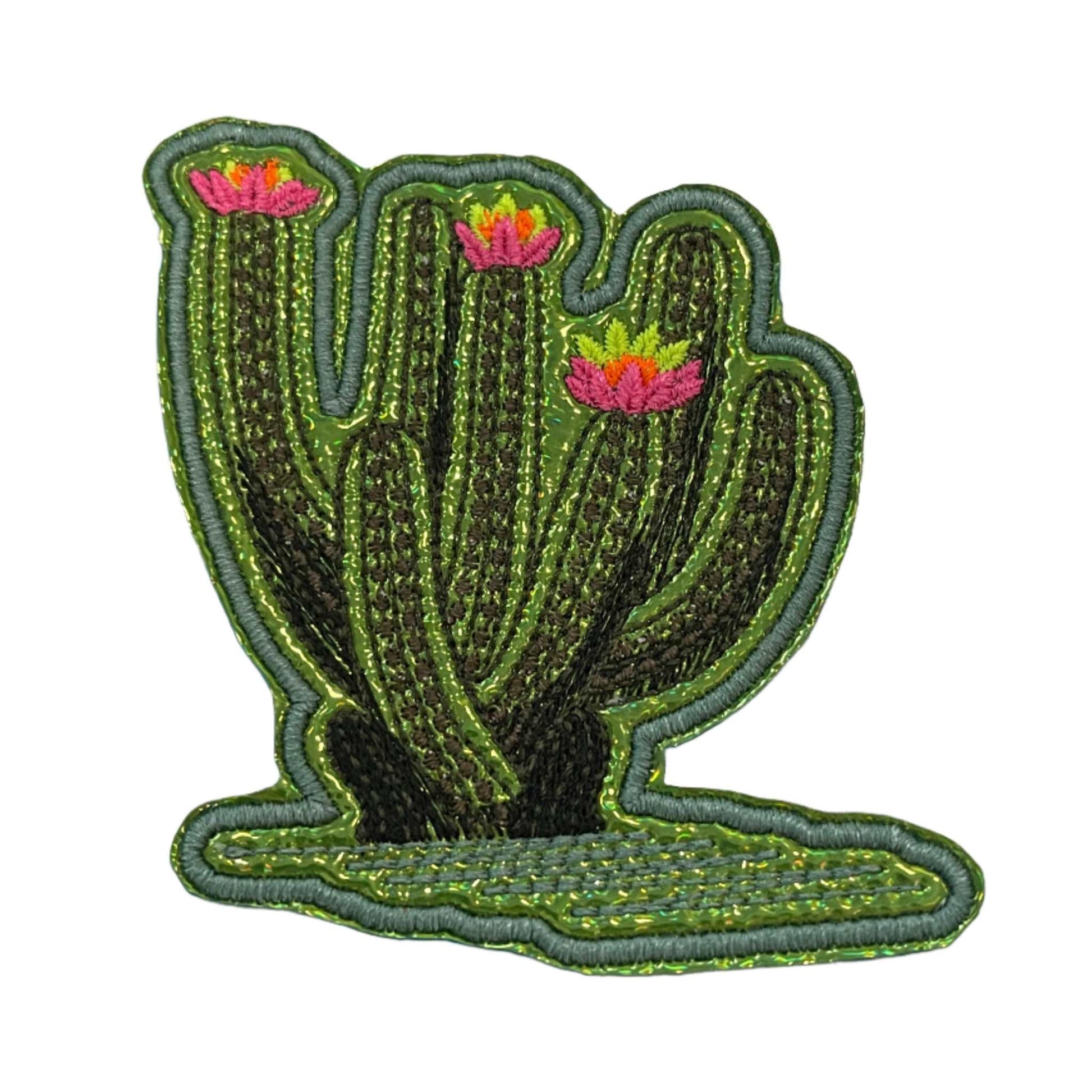 Handmade large leggy cactus iron-on patch with neon yellow, neon orange, and neon pink flowers.
