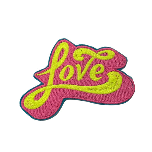 Retro Love patch with neon yellow text on neon pink background, teal felt edge.
